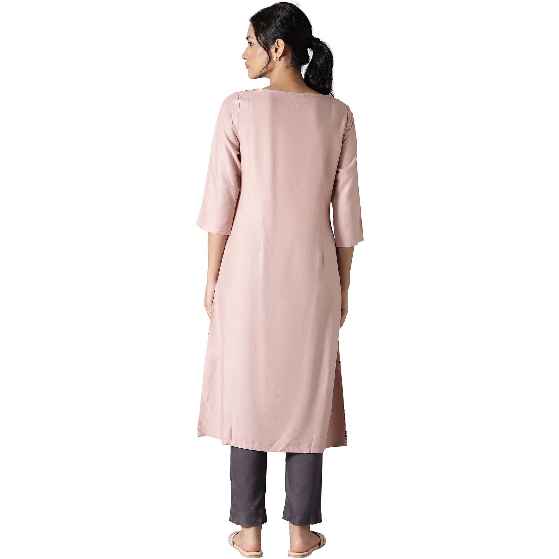 W For Woman Women's Viscose Geometric Regular Kurta (22Few17329-118110_Salmon Pink_S)