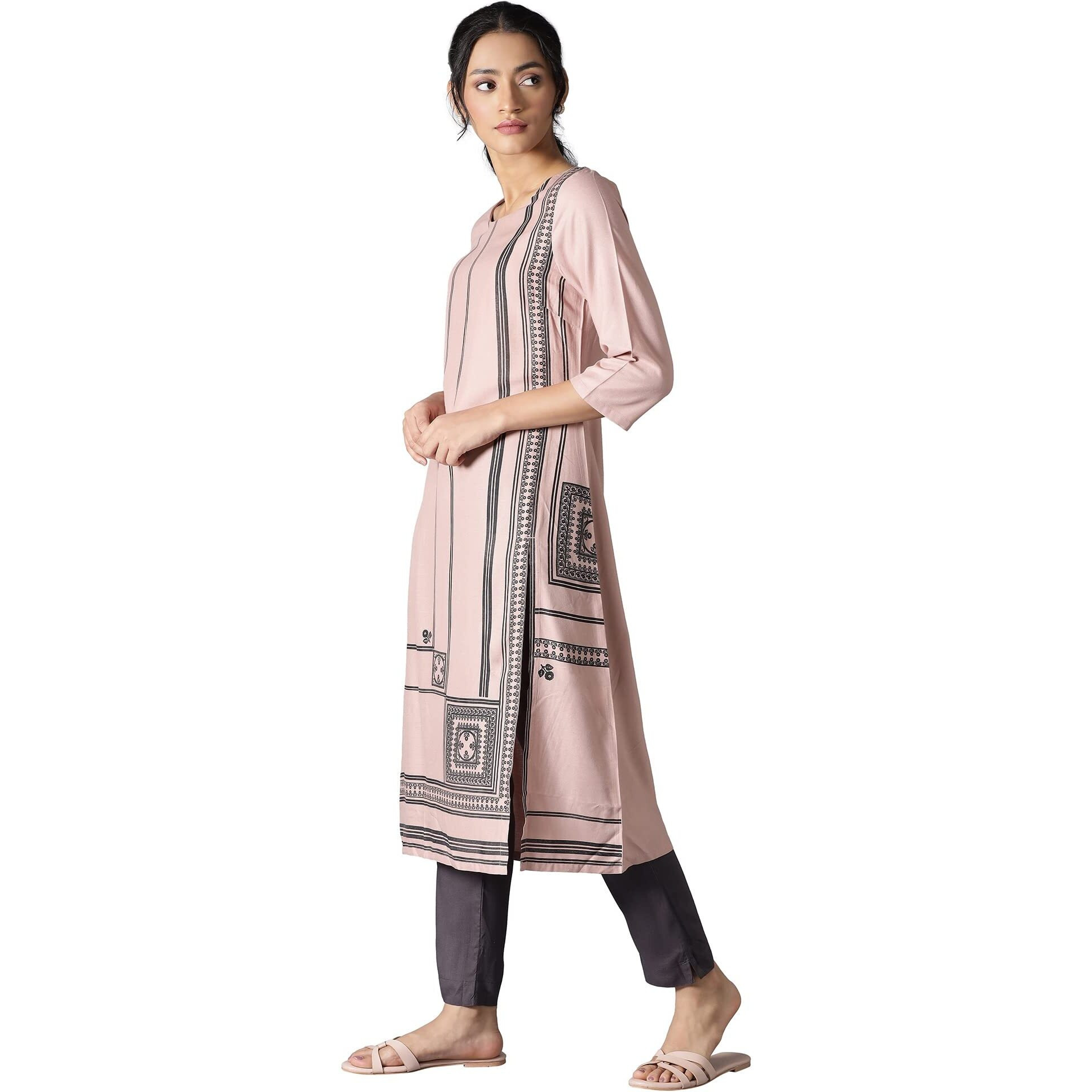 W For Woman Women's Viscose Geometric Regular Kurta (22Few17329-118110_Salmon Pink_S)