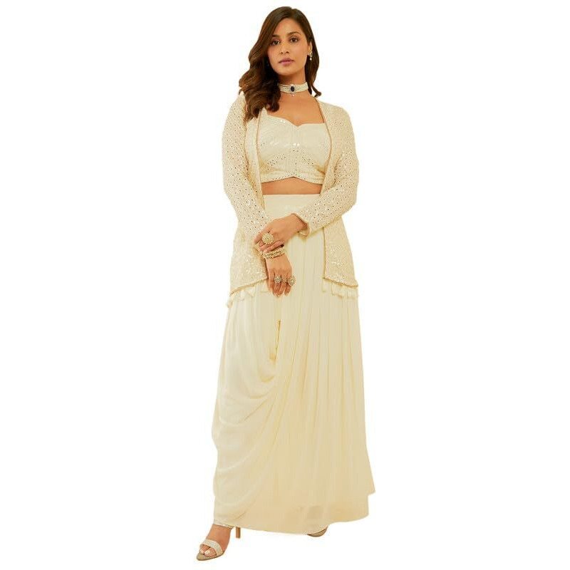 Soch Womens White Embroidered Georgette Co-Ord Set