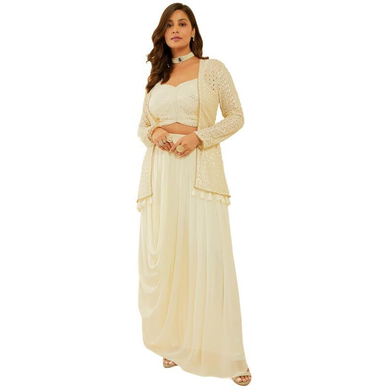 Soch Womens White Embroidered Georgette Co-Ord Set