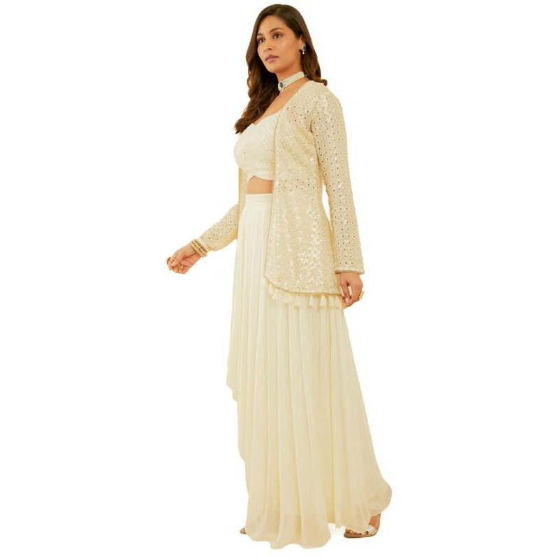 Soch Womens White Embroidered Georgette Co-Ord Set