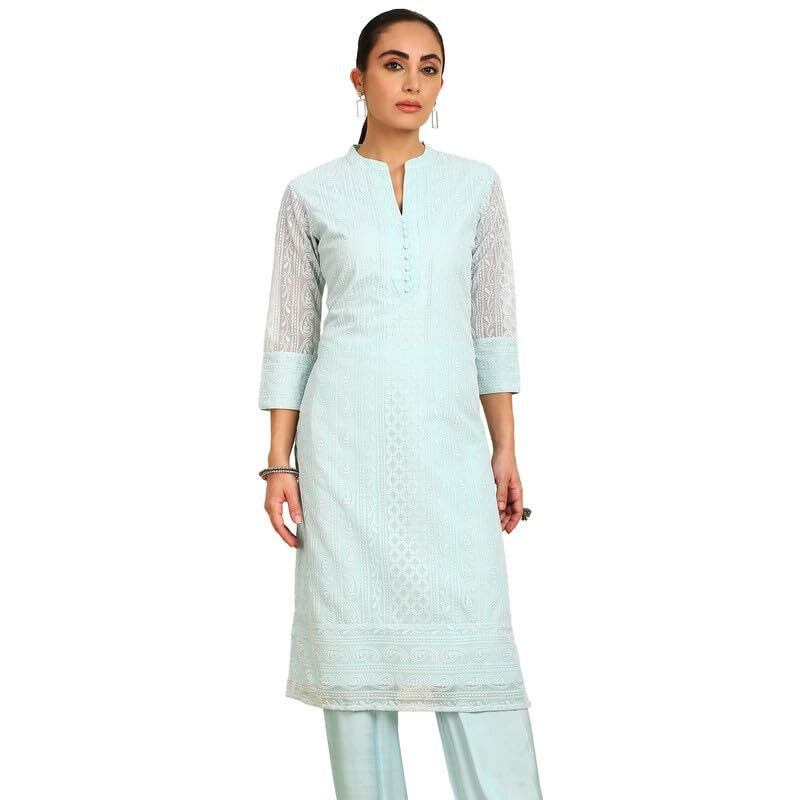 Soch Womens Powder Blue Paisley Embroidered Mandarin Collar Georgette Kurta