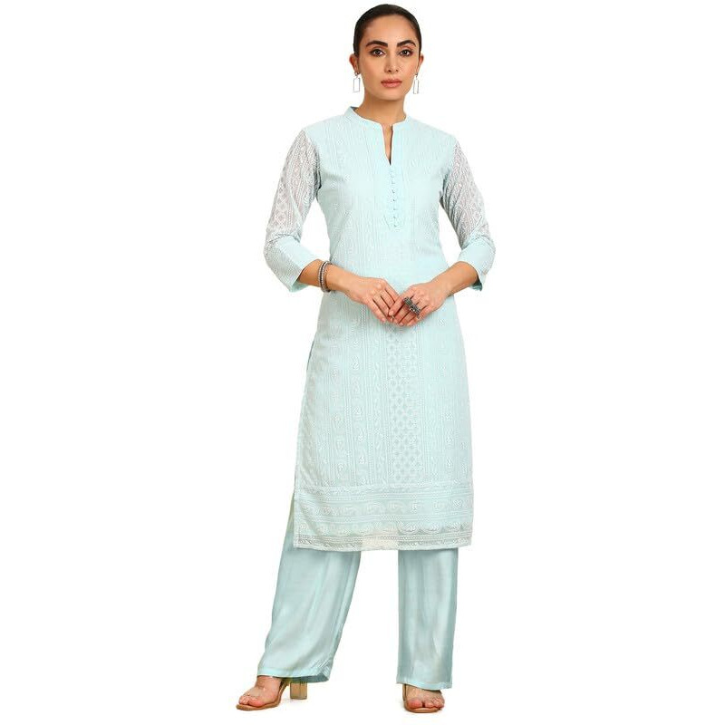 Soch Womens Powder Blue Paisley Embroidered Mandarin Collar Georgette Kurta