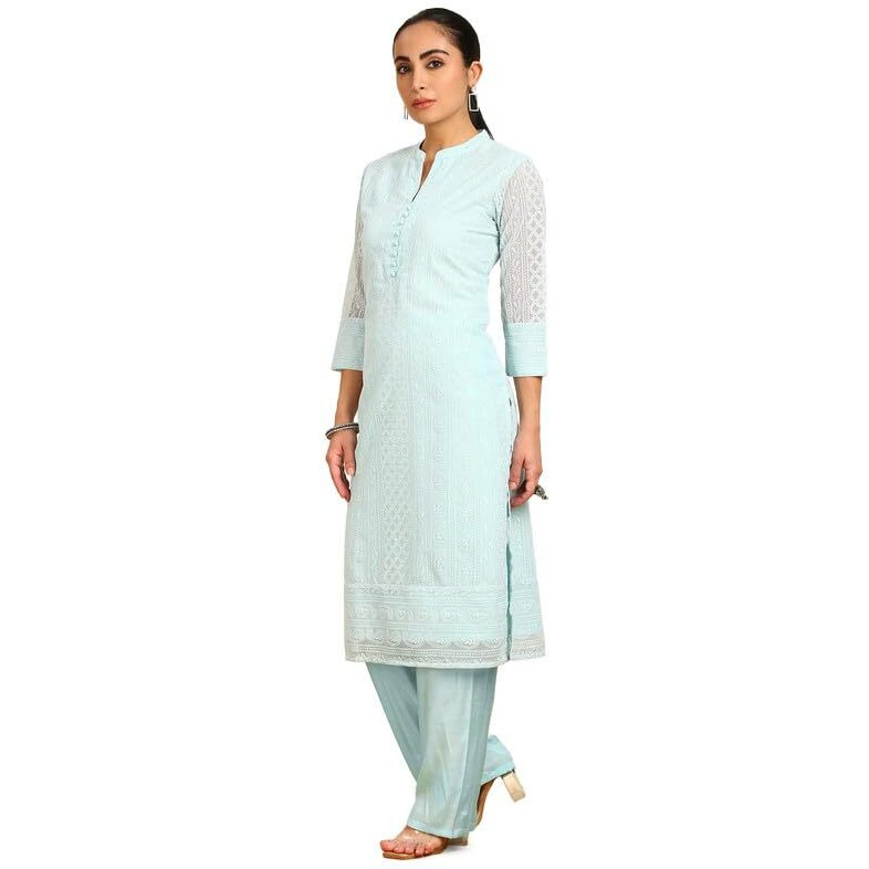 Soch Womens Powder Blue Paisley Embroidered Mandarin Collar Georgette Kurta