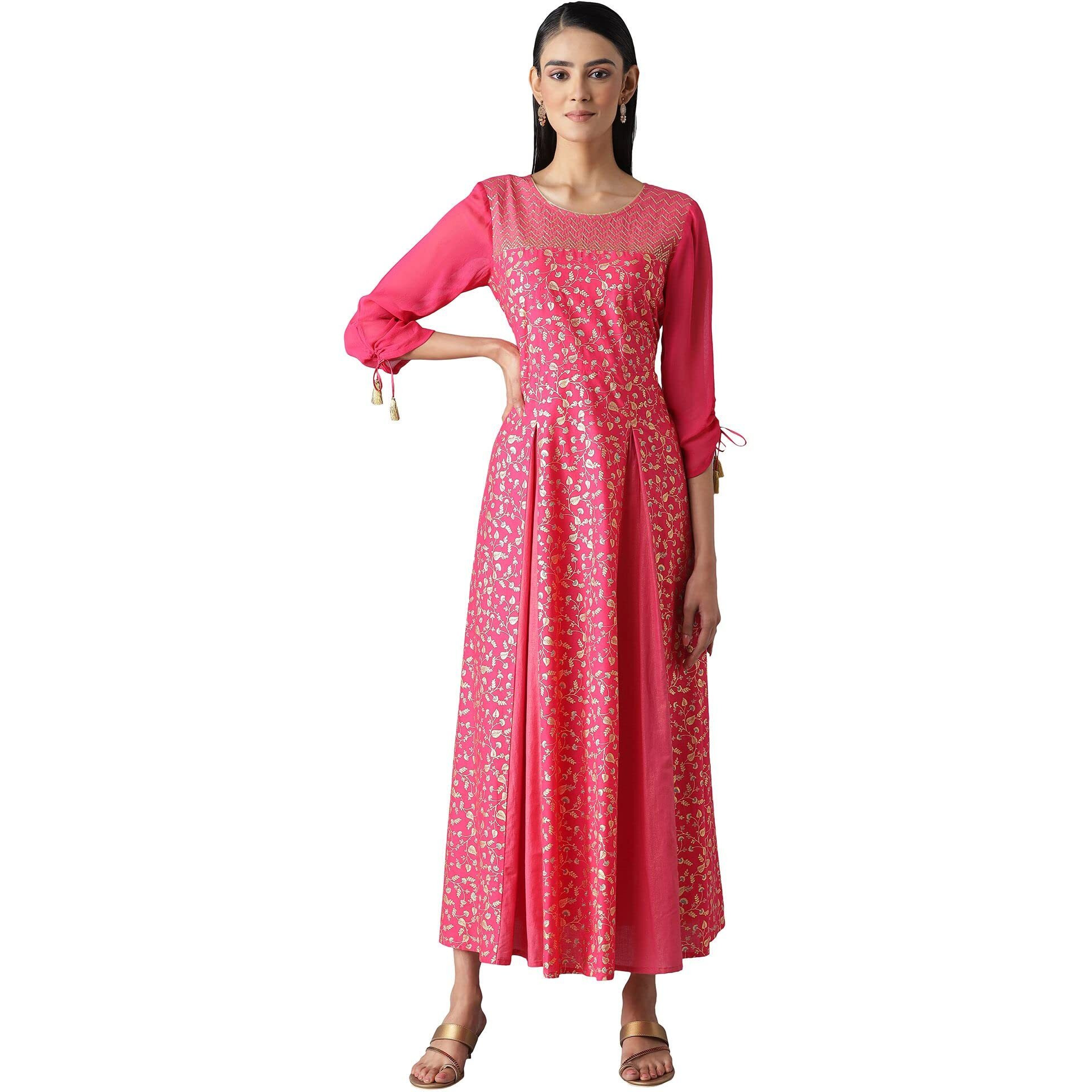 Aurelia Printed Cotton Round Neck Womens Flared Dress (Pink, Large)