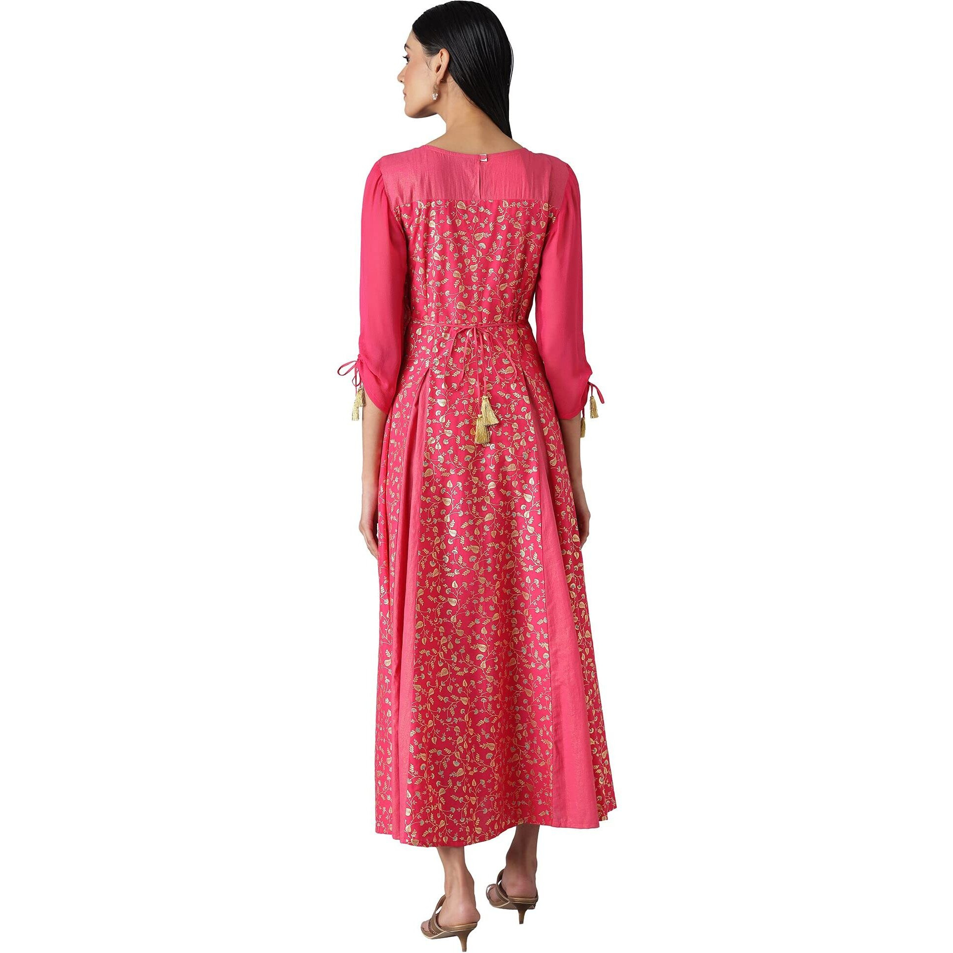 Aurelia Printed Cotton Round Neck Womens Flared Dress (Pink, Large)