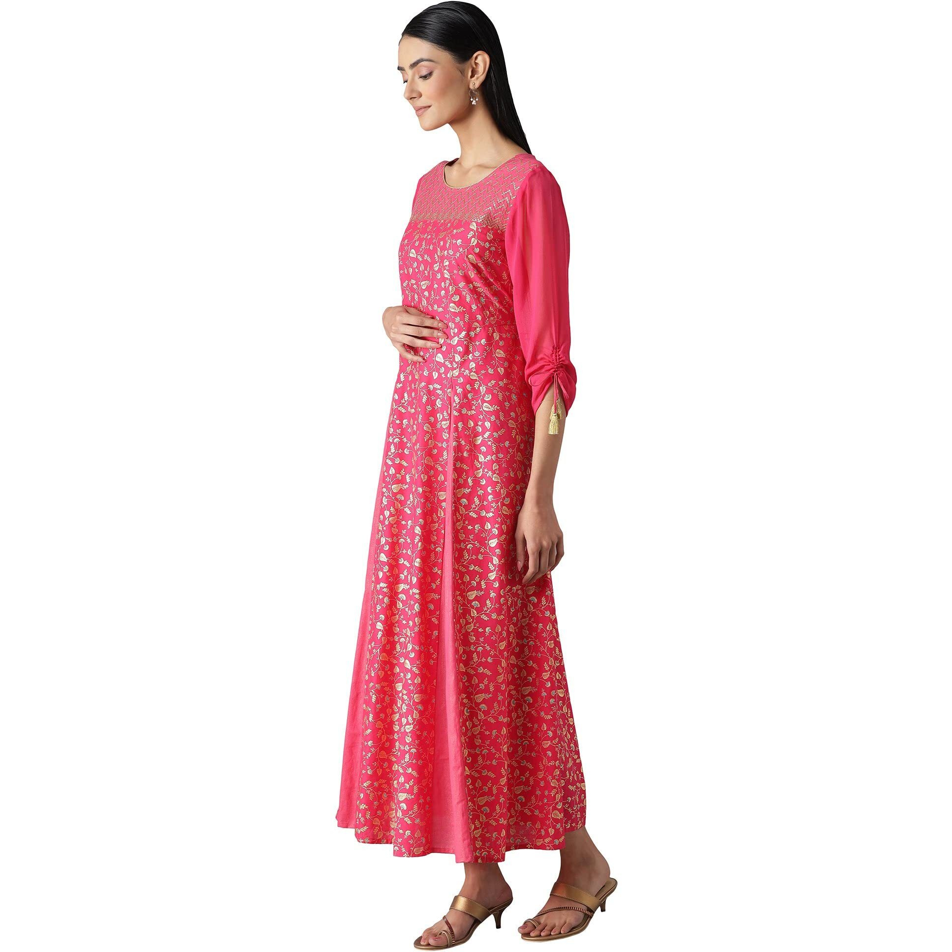 Aurelia Printed Cotton Round Neck Womens Flared Dress (Pink, Large)