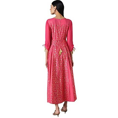 Aurelia Printed Cotton Round Neck Womens Flared Dress (Pink, Medium)