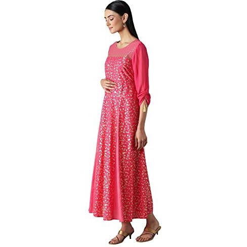 Aurelia Printed Cotton Round Neck Womens Flared Dress (Pink, Medium)