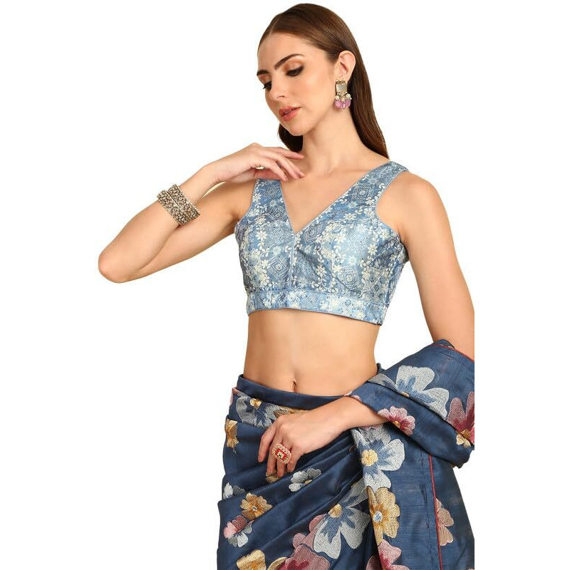 Soch Womens Powder Blue Printed Silk Blend Padded Blouse With Sequins(8909058184231)