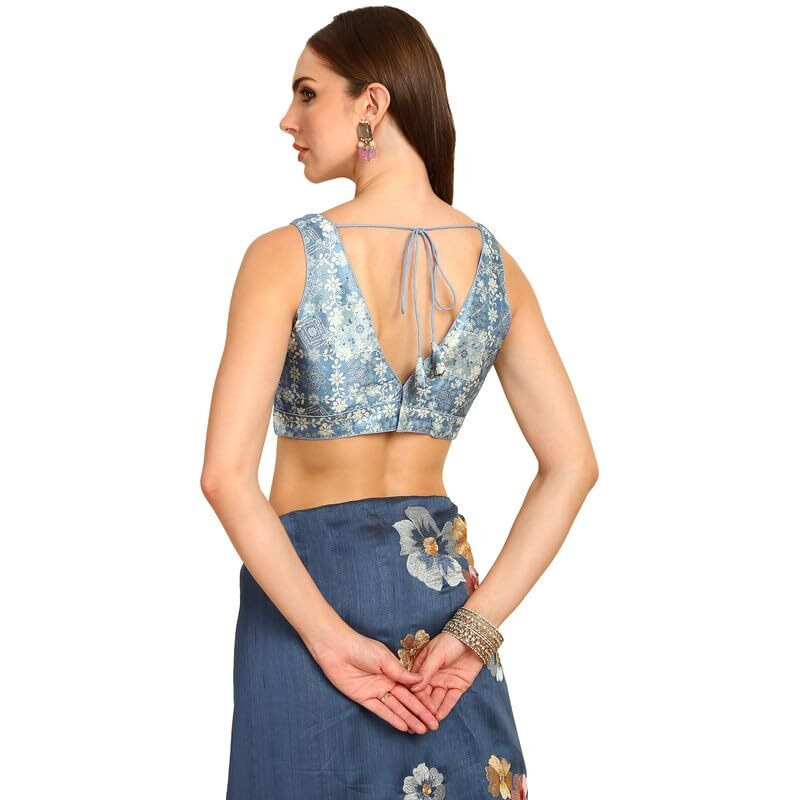 Soch Womens Powder Blue Printed Silk Blend Padded Blouse With Sequins(8909058184231)