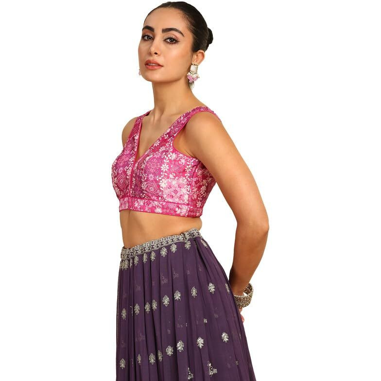 Soch Womens Magenta Floral Printed Silk Blend Padded Blouse With Sequins