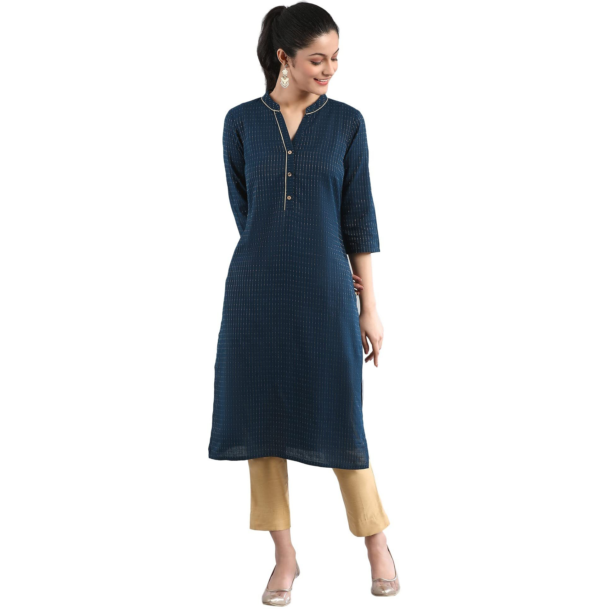 Aurelia Women's Cotton Blend Solid Regular Kurta (22Cra12230-702164_Navy_Xs)