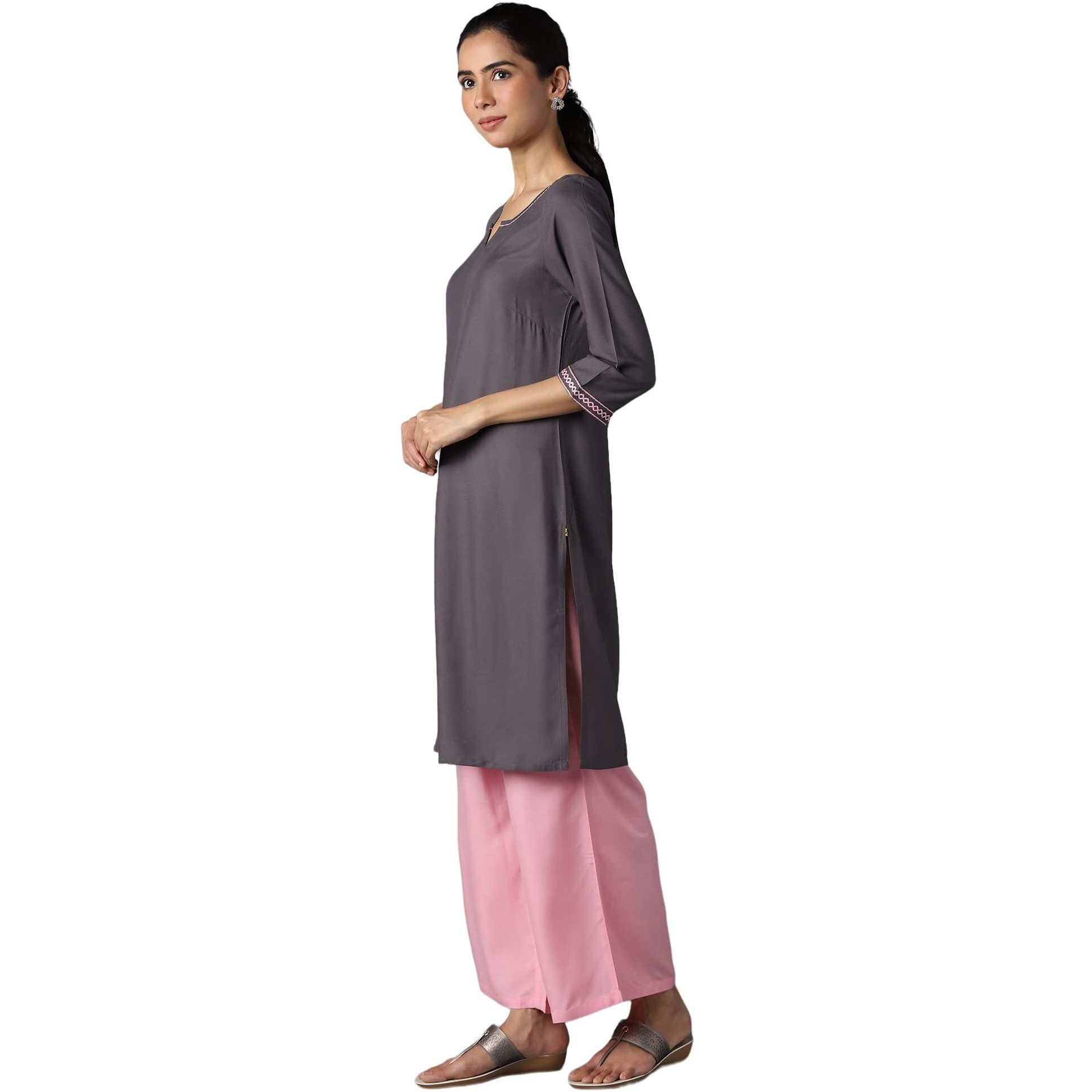 Aure Collection By Aurelia Grey Solid Ethnic Kurta With Light Pink Straight Palazzo