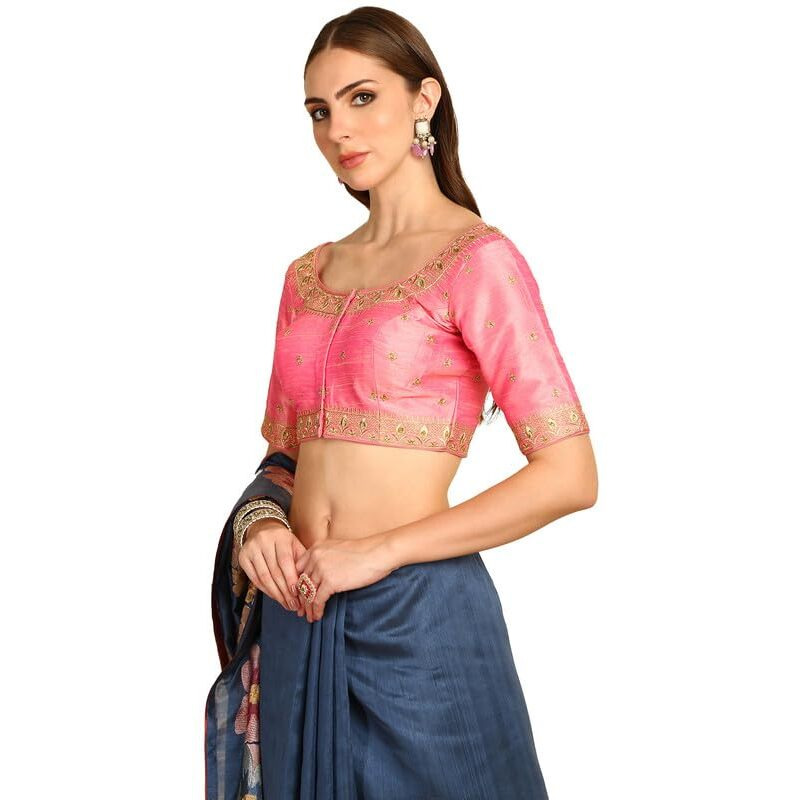 Soch Womens Pink Floral Zari Embroidered Silk Blend Padded Blouse With Stones(8909058185047)
