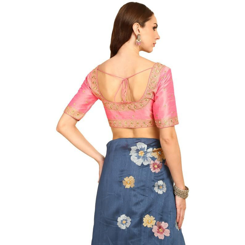 Soch Womens Pink Floral Zari Embroidered Silk Blend Padded Blouse With Stones(8909058185047)