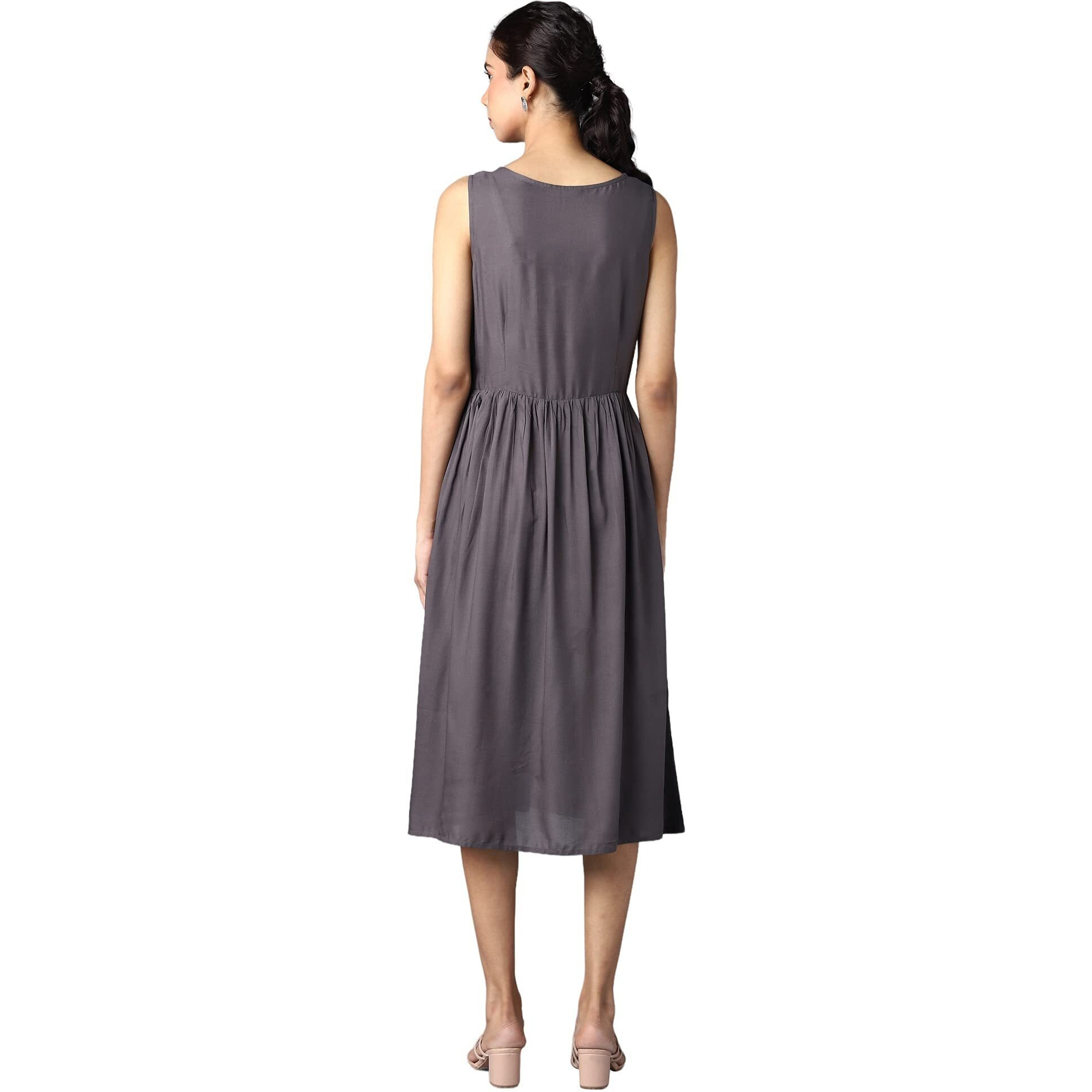 Aurelia Women's Viscose Aure Collection By Grey Sleeveless Embroidered Dress Below The Knee (22Ona13251-604203 Xs)