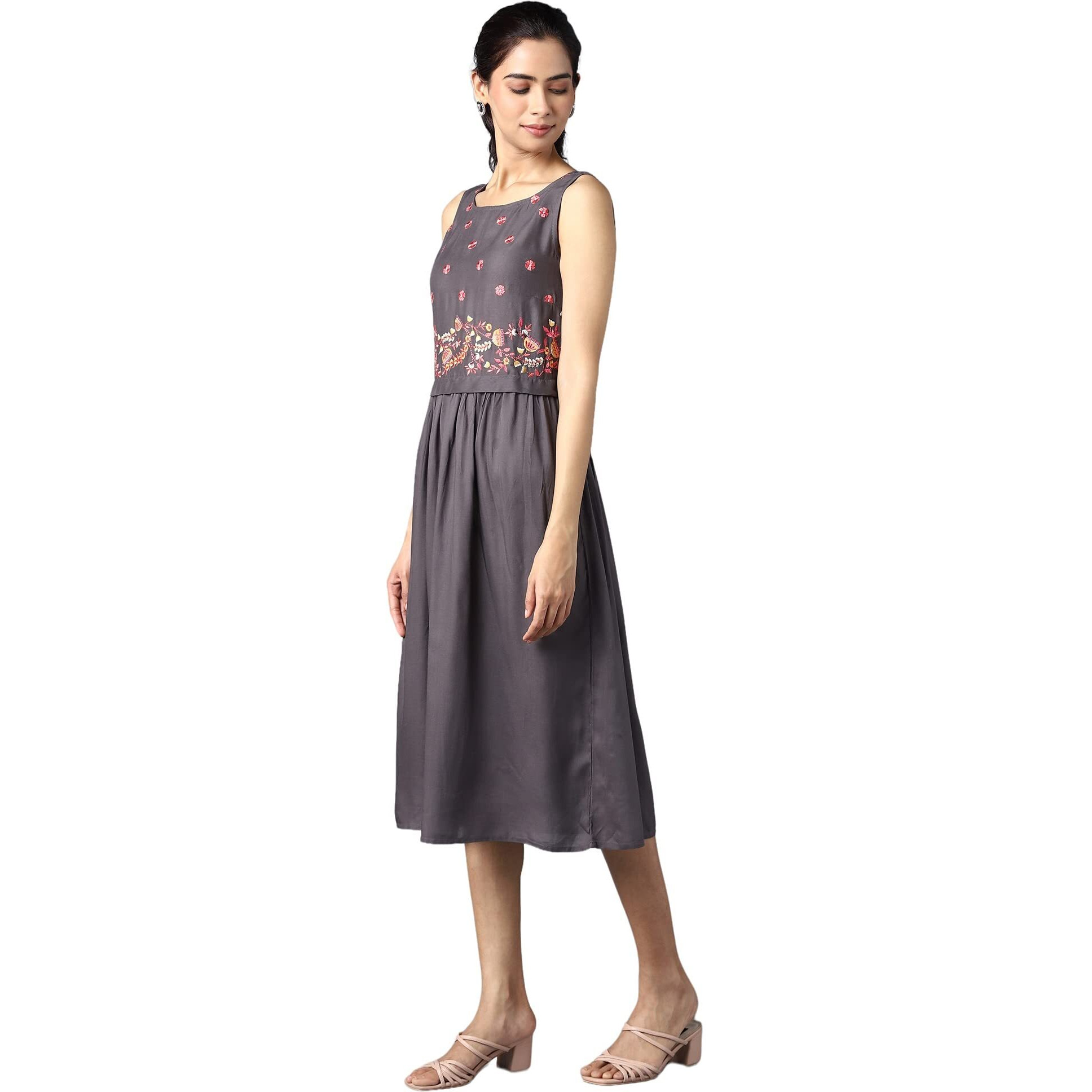 Aurelia Women's Viscose Aure Collection By Grey Sleeveless Embroidered Dress Below The Knee (22Ona13251-604203 Xs)