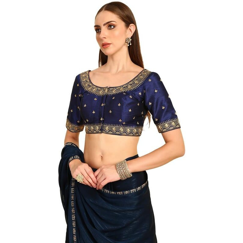 Soch Womens Navy Blue Floral Embroidered Silk Blend Padded Blouse With Stones(8909058185146)