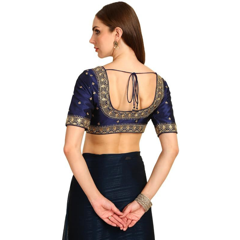 Soch Womens Navy Blue Floral Embroidered Silk Blend Padded Blouse With Stones(8909058185146)