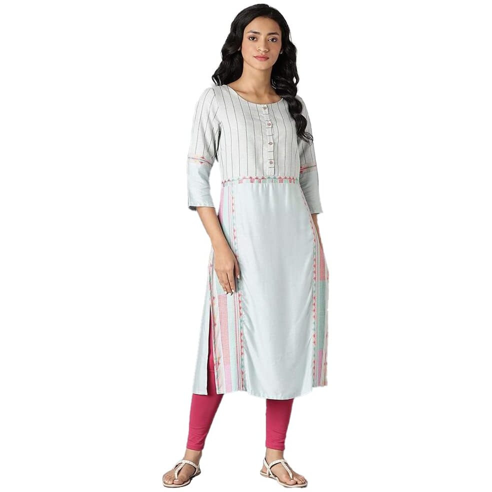 W For Woman Light Blue Geometric Printed Cotton Rayon Blend Straight Long Kurta