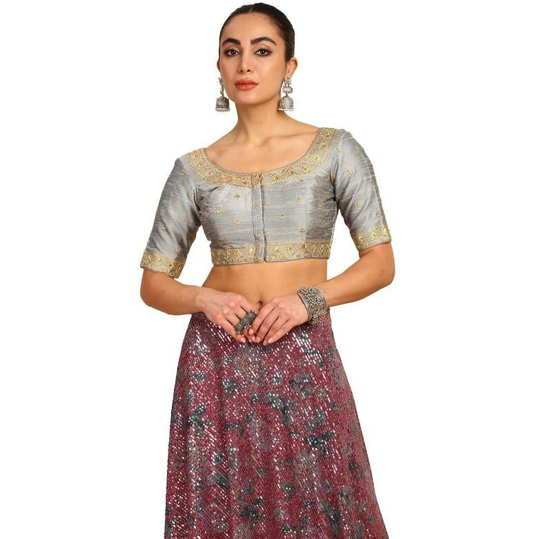 Soch Womens Grey Zari Embroidered Padded Blouse With Stones