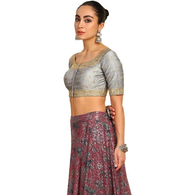 Soch Womens Grey Zari Embroidered Padded Blouse With Stones
