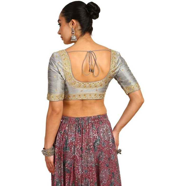 Soch Womens Grey Zari Embroidered Padded Blouse With Stones