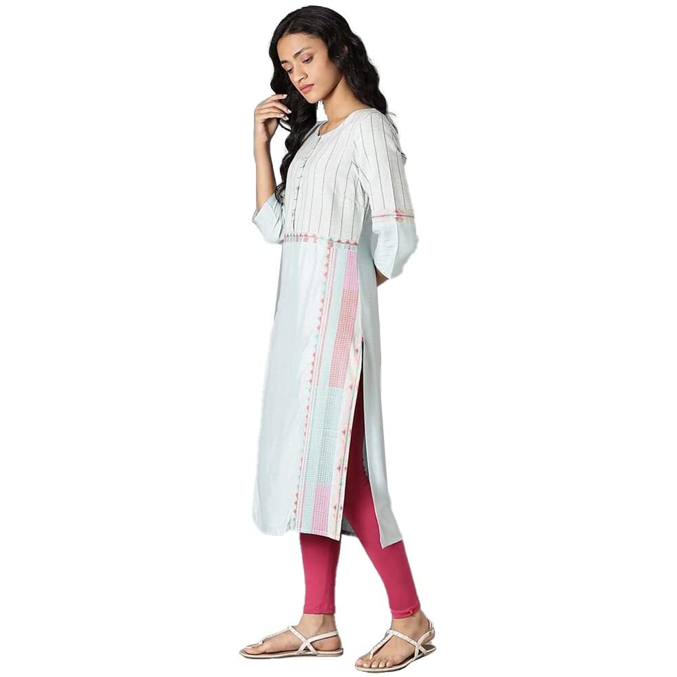 W For Woman Light Blue Geometric Printed Cotton Rayon Blend Straight Long Kurta