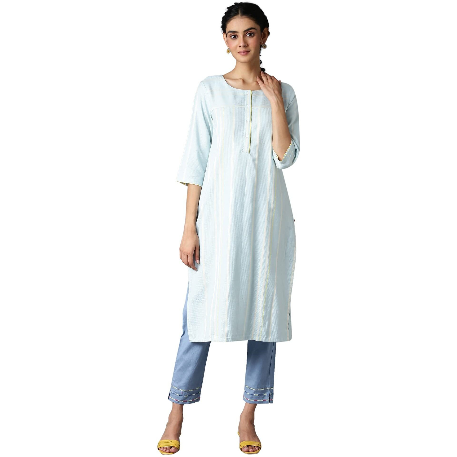 W For Woman Light Blue Vertical Striped Regular Kurta
