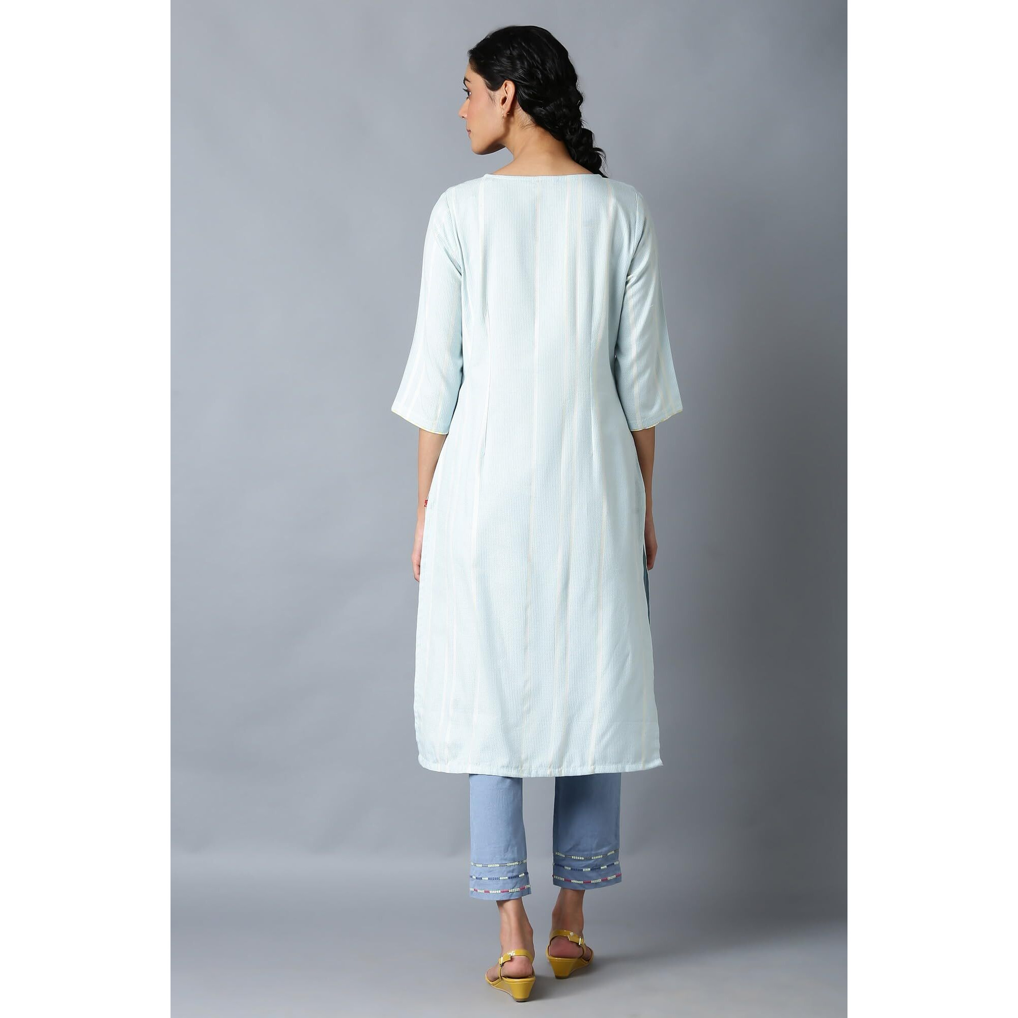 W For Woman Light Blue Vertical Striped Regular Kurta