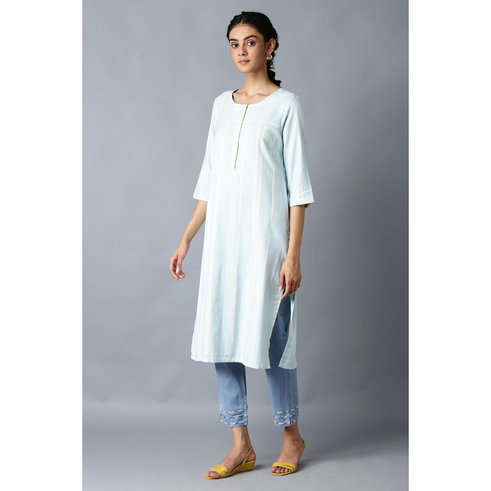 W For Woman Light Blue Vertical Striped Regular Kurta
