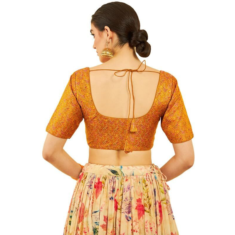 Soch Womens Mustard Silk Blend Paisley Embroidered Blouse