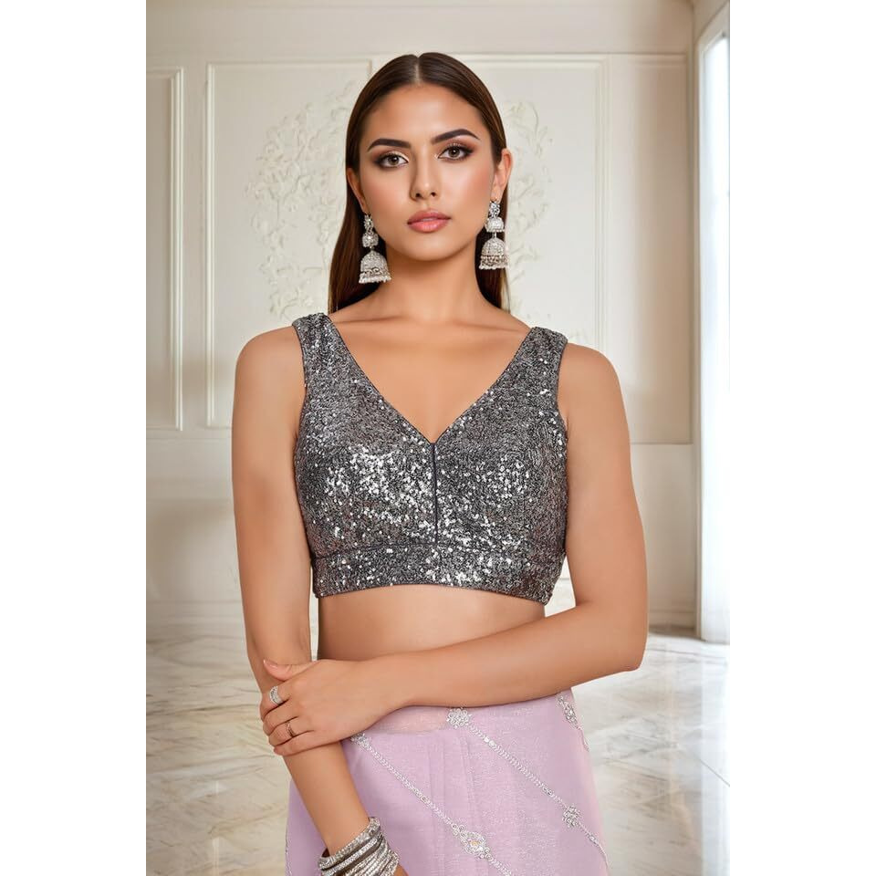 Soch Womens Grey Sequinned Embellished Georgette Padded Blouse(8909058186594)