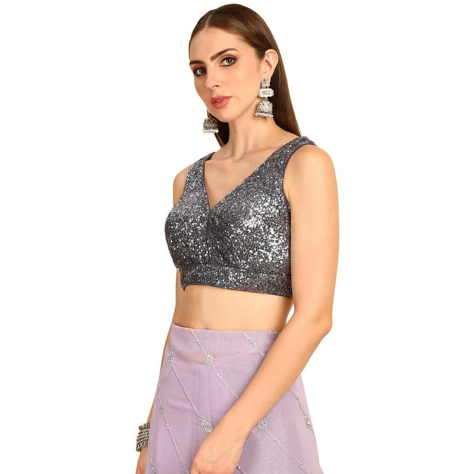 Soch Womens Grey Sequinned Embellished Georgette Padded Blouse(8909058186594)