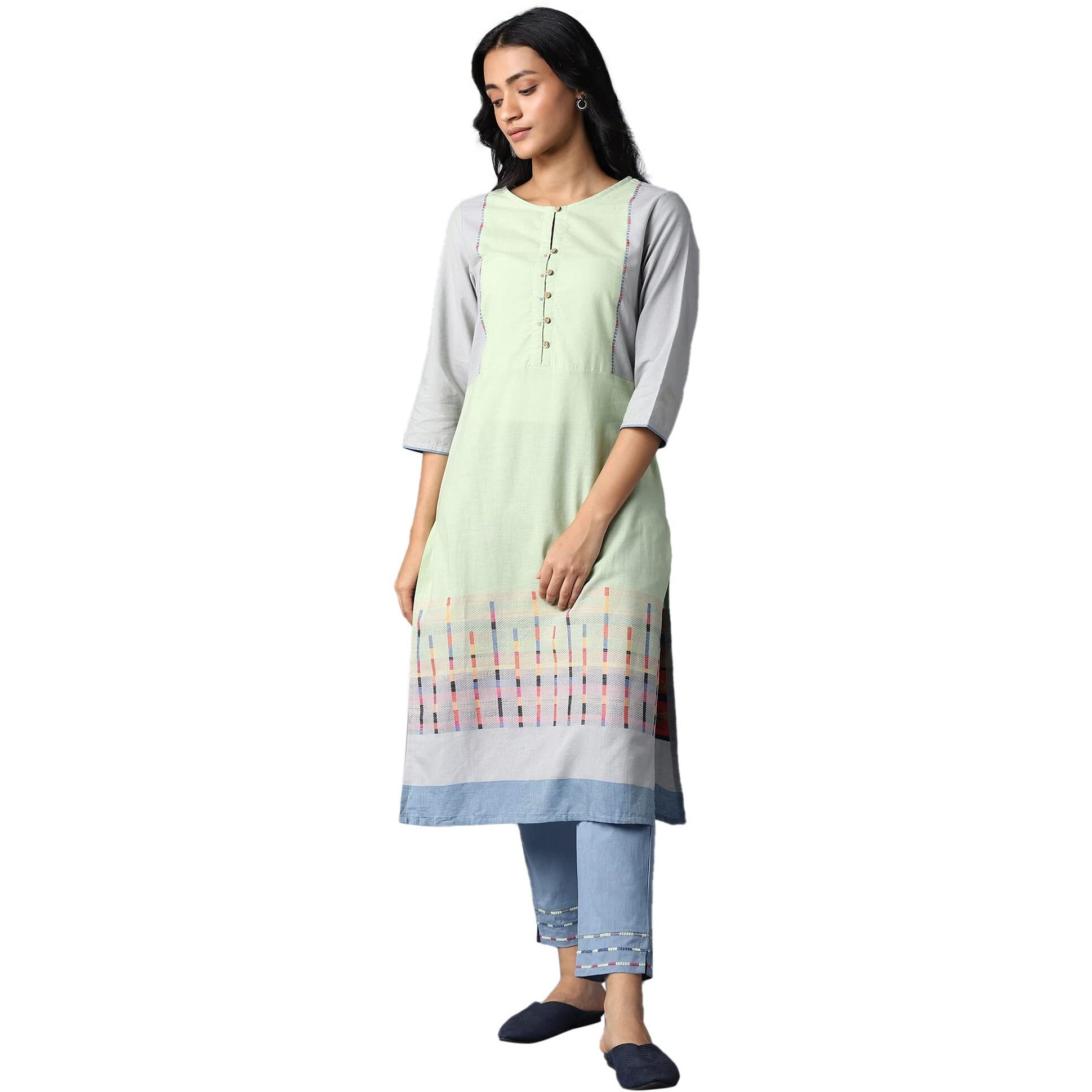 W For Woman Cotton Green Printed Keyhole Neck Straight Kurta_22Few17465-312204_S