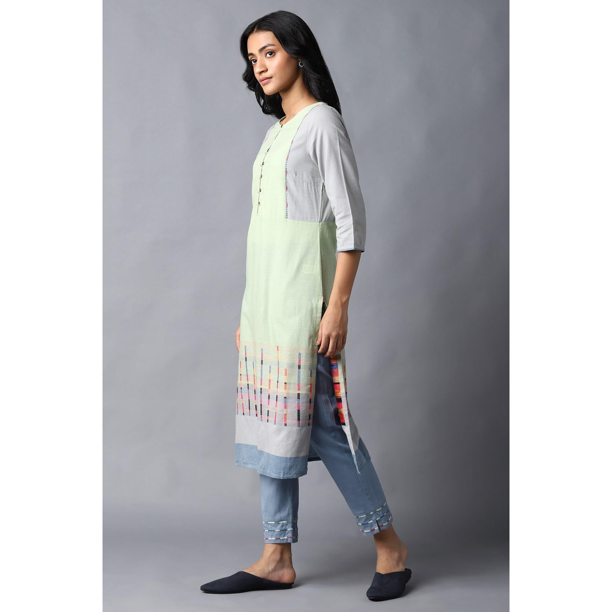 W For Woman Cotton Green Printed Keyhole Neck Straight Kurta_22Few17465-312204_S