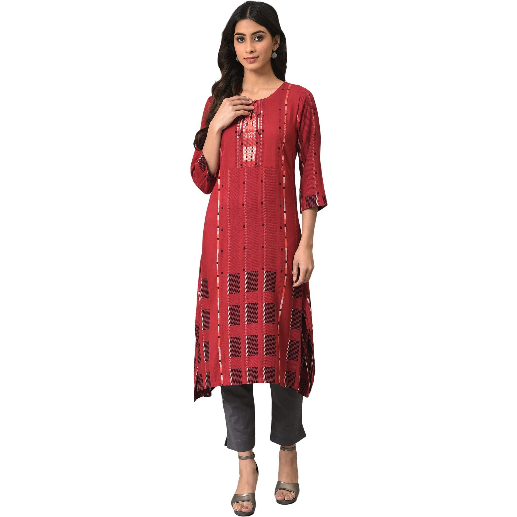 W For Woman Women's Viscose Regular Kurta (22Few17579-312192_Dark Red_S)