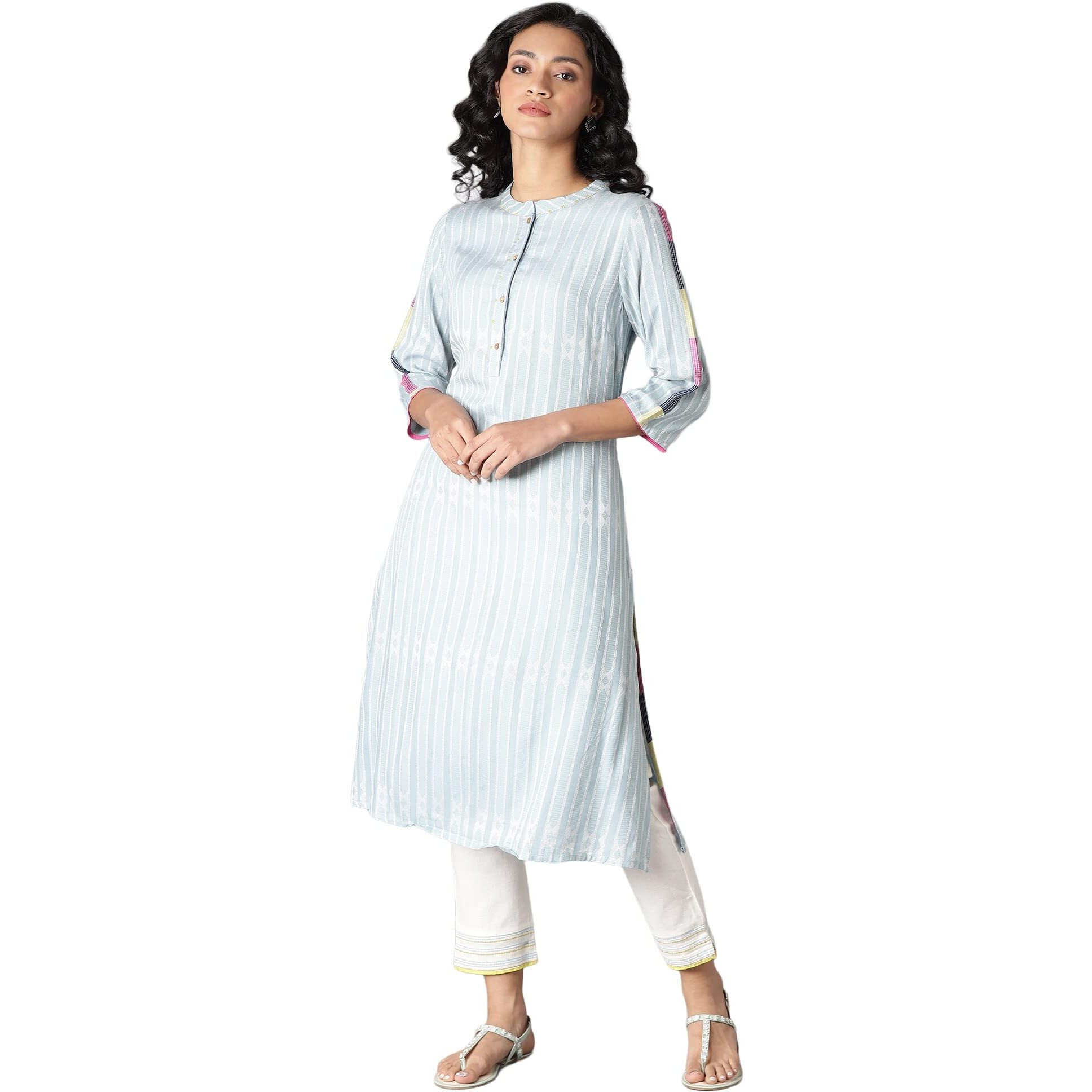 W For Woman Light Blue Vertical Striped Straight-Long Kurta