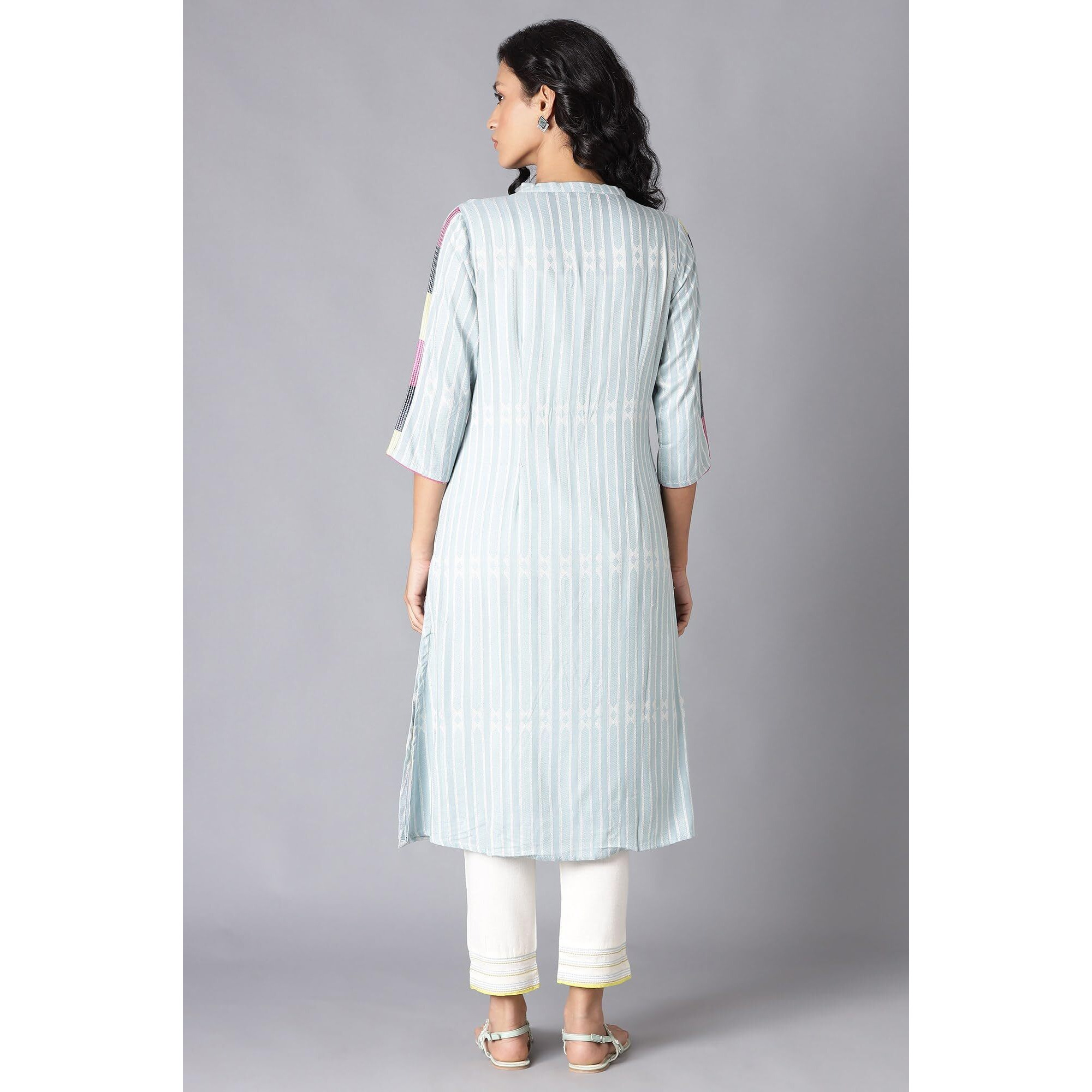 W For Woman Light Blue Vertical Striped Straight-Long Kurta