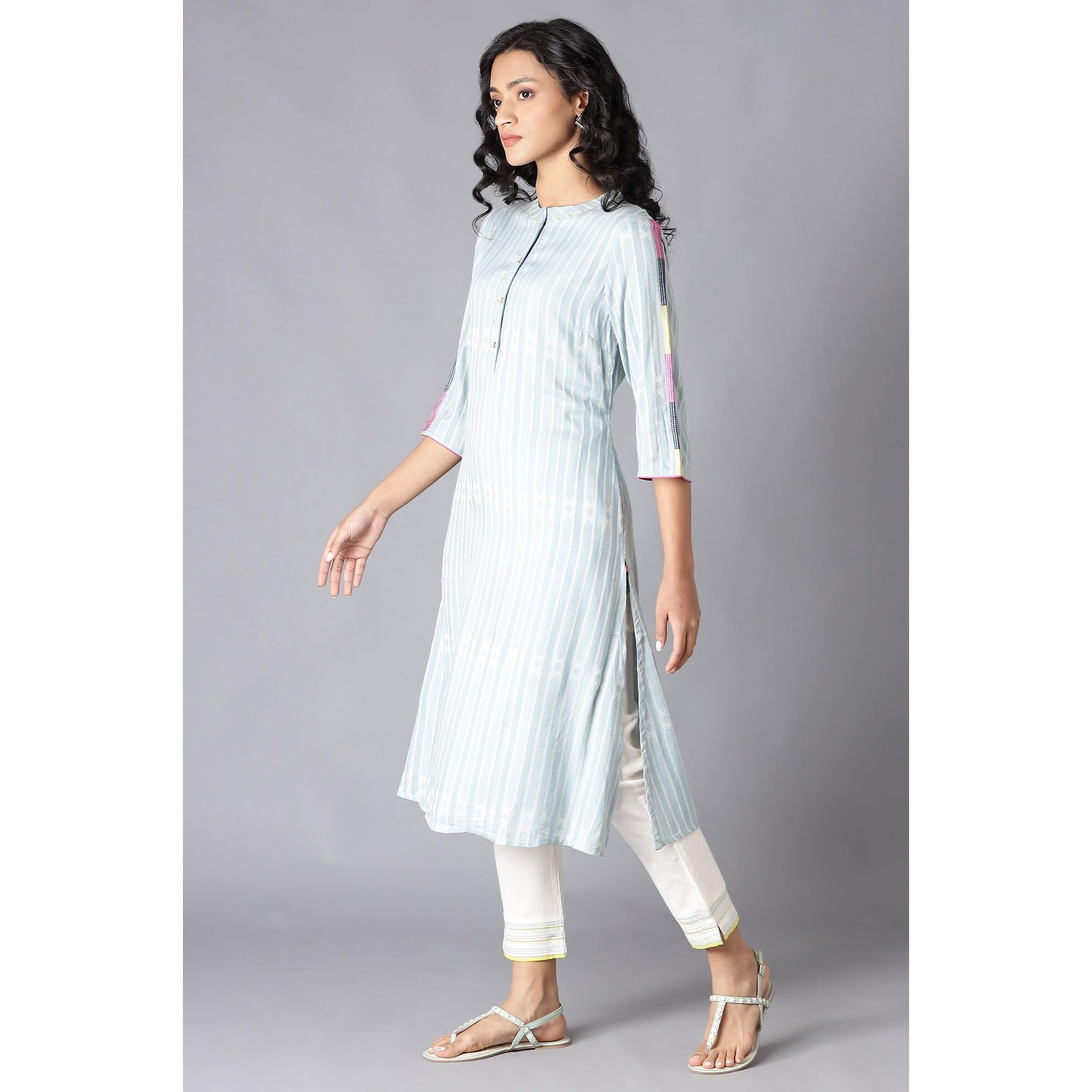 W For Woman Light Blue Vertical Striped Straight-Long Kurta