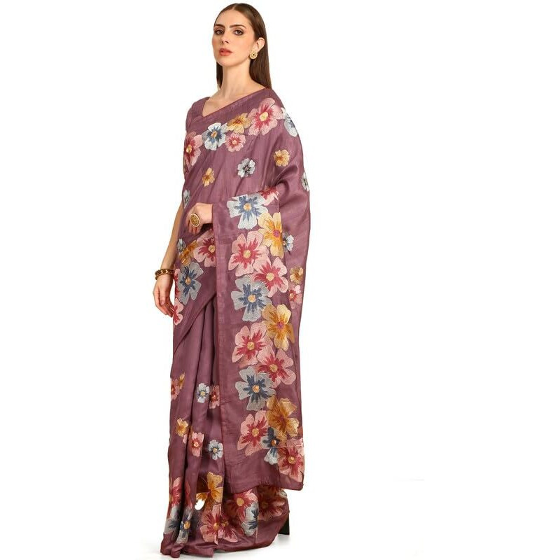 Soch Womens Purple Floral Embroidered Tussar Saree