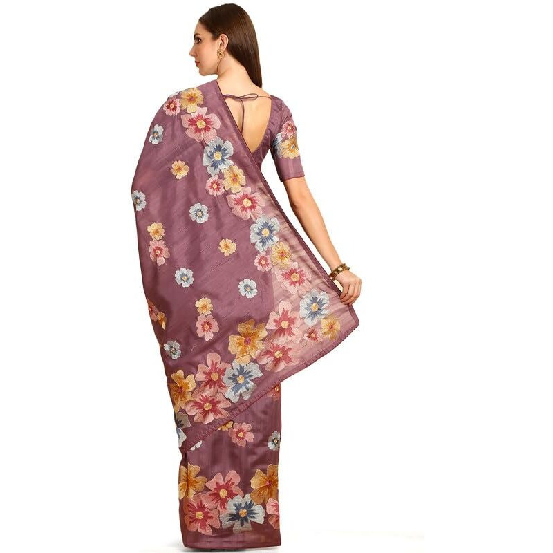 Soch Womens Purple Floral Embroidered Tussar Saree
