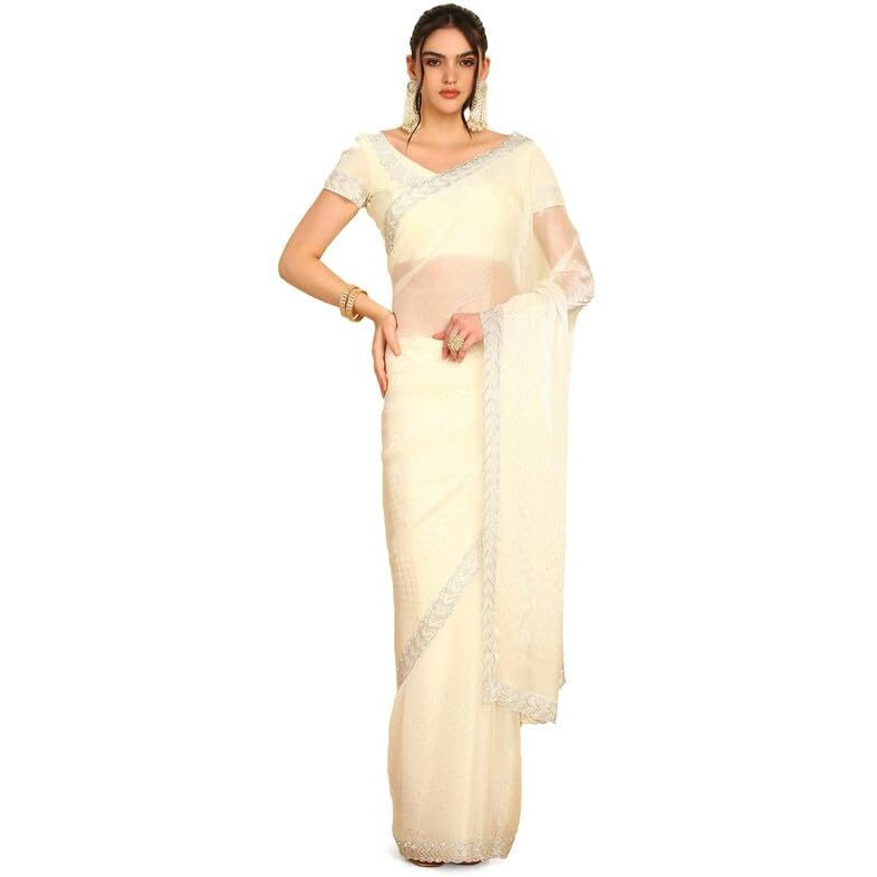 Soch Womens Cream-Coloured Stone Embellished Organza Saree