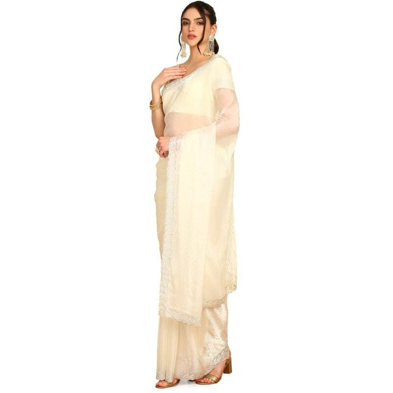 Soch Womens Cream-Coloured Stone Embellished Organza Saree