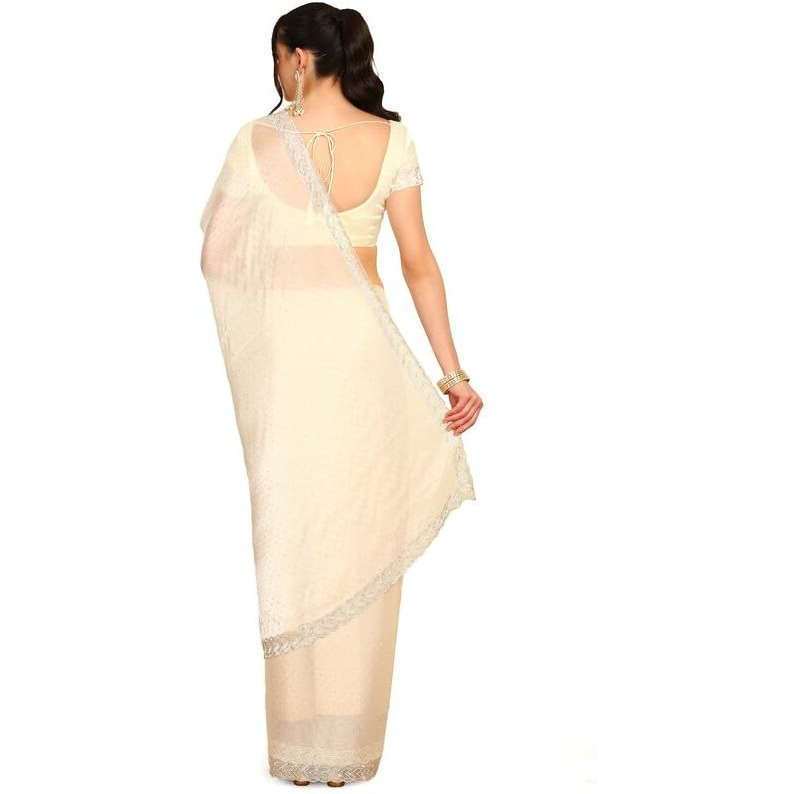 Soch Womens Cream-Coloured Stone Embellished Organza Saree