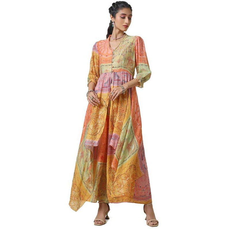 Soch Womens Multicolor Puff Sleeves Printed Cotton High Low Co-Ord Set