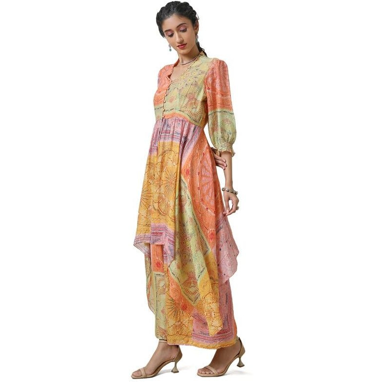 Soch Womens Multicolor Puff Sleeves Printed Cotton High Low Co-Ord Set