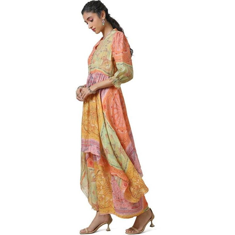 Soch Womens Multicolor Puff Sleeves Printed Cotton High Low Co-Ord Set
