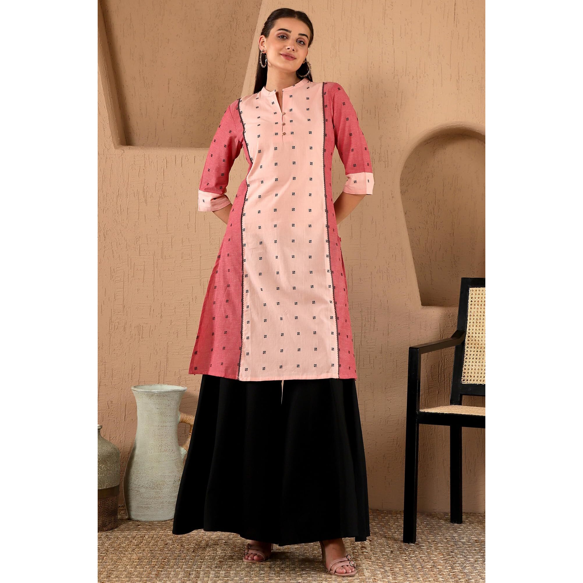 W For Woman Light Red Geometric Printed Regular Kurta